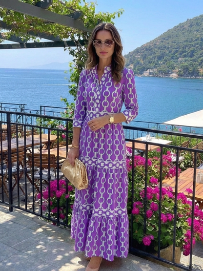 Grace | Women's Chain Print Three-Quarter Sleeve Mid-Length Dress