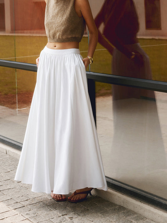 Camille | Women's High Waist Pleated A-Line Full-Length Skirt with Pockets