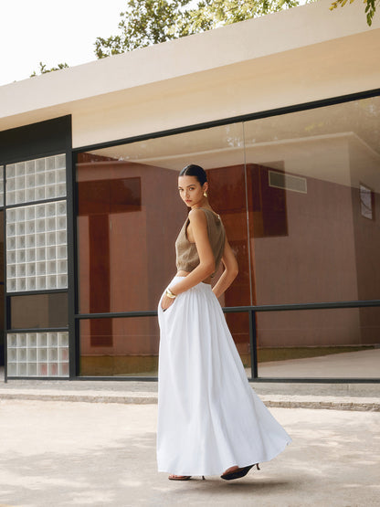 Camille | Women's High Waist Pleated A-Line Full-Length Skirt with Pockets