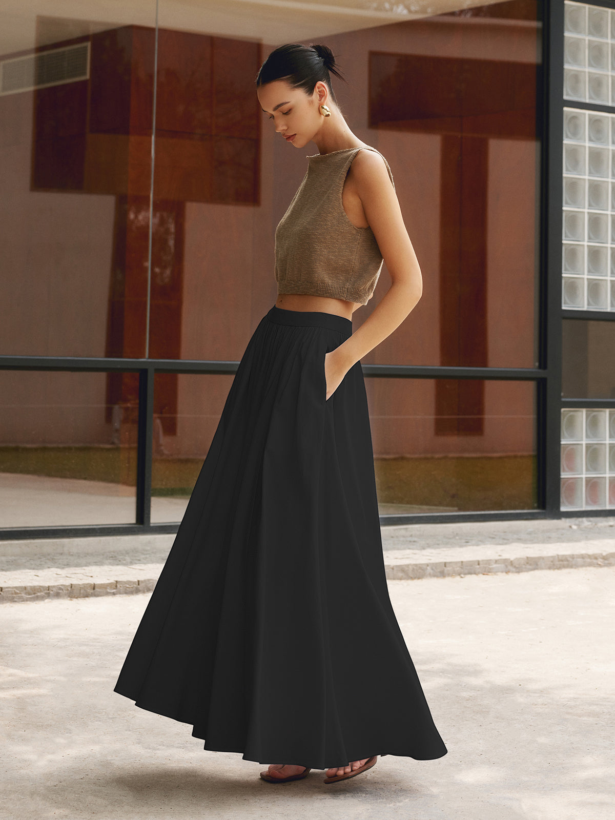 Camille | Women's High Waist Pleated A-Line Full-Length Skirt with Pockets