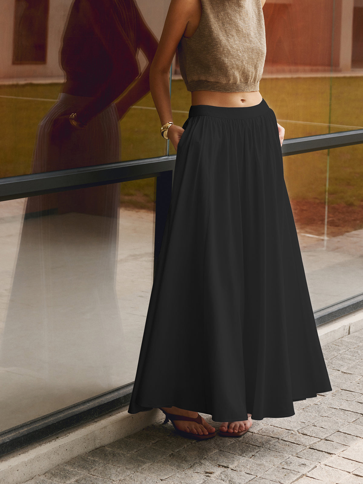 Camille | Women's High Waist Pleated A-Line Full-Length Skirt with Pockets