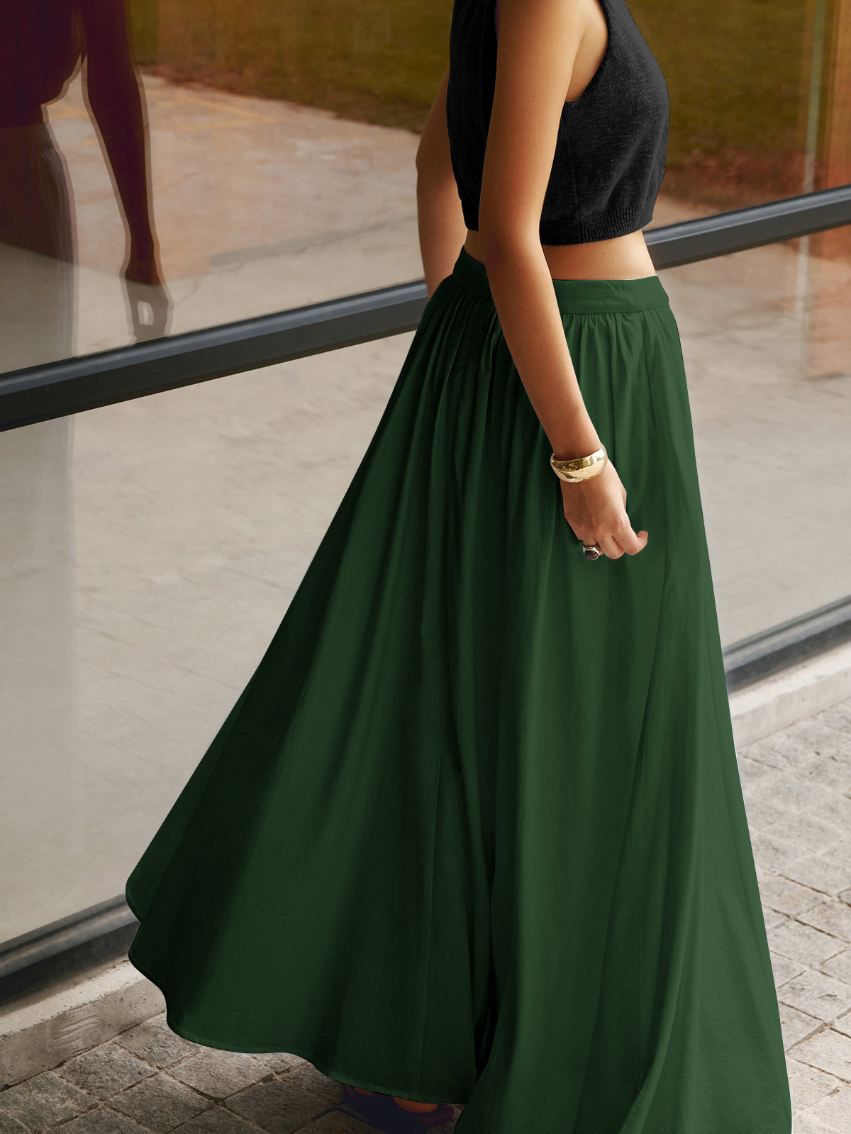 Camille | Women's High Waist Pleated A-Line Full-Length Skirt with Pockets