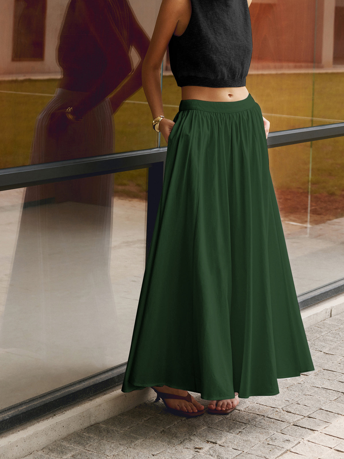 Camille | Women's High Waist Pleated A-Line Full-Length Skirt with Pockets