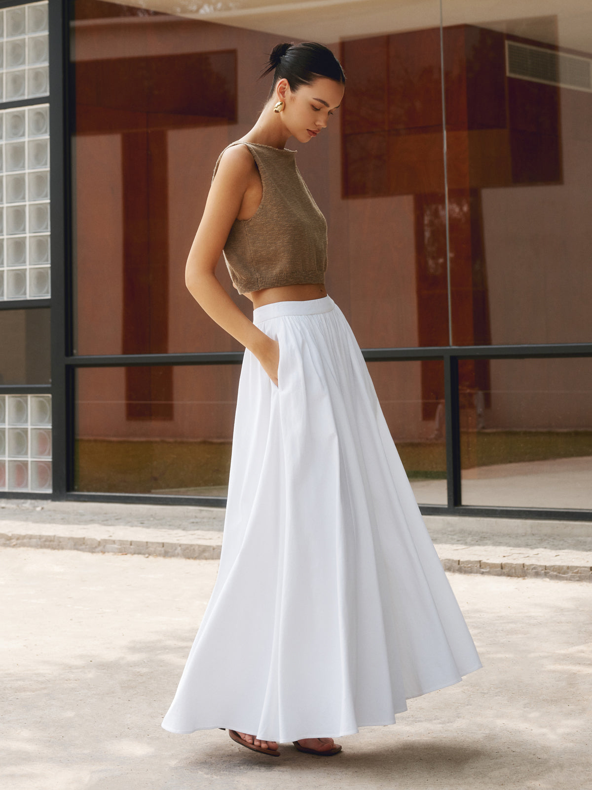 Camille | Women's High Waist Pleated A-Line Full-Length Skirt with Pockets