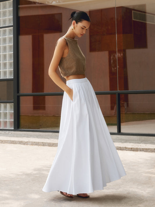 Camille | Women's High Waist Pleated A-Line Full-Length Skirt with Pockets