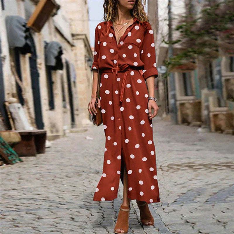 Tiffany | Women's Polka Dot Maxi Dress Full Sleeve Button-Through Button-Up Dress