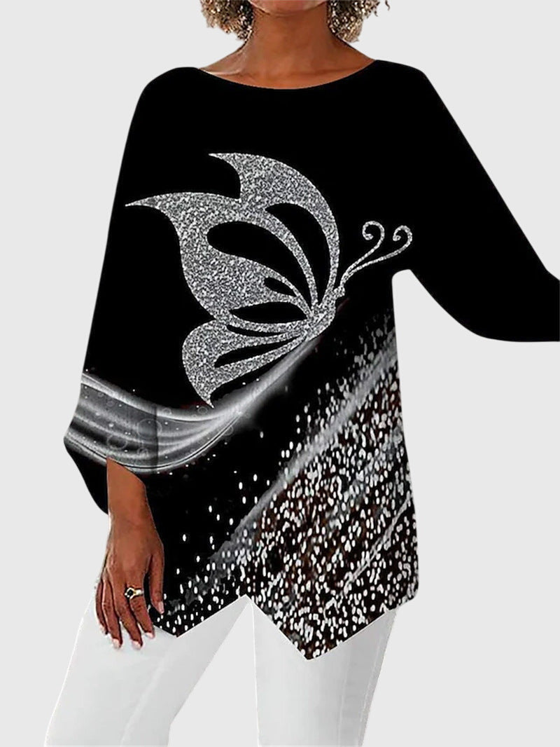 Christy | Women's Butterfly Print Asymmetric Hem Top