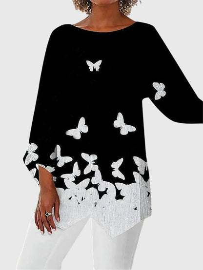 Christy | Women's Butterfly Print Asymmetric Hem Top
