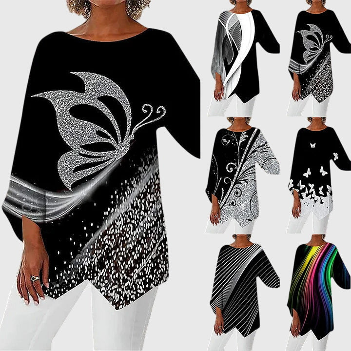 Christy | Women's Butterfly Print Asymmetric Hem Top