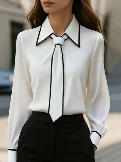 Alexa | Women's Long Sleeve Tie Neck Blouse Contrast Collar