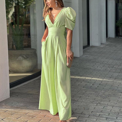 Emma | Women's V-Neck Puff Sleeve Wide-Leg Jumpsuit