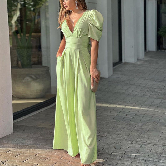 Emma | Women's V-Neck Puff Sleeve Wide-Leg Jumpsuit