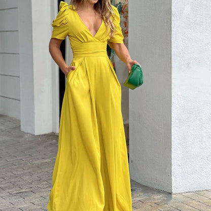 Emma | Women's V-Neck Puff Sleeve Wide-Leg Jumpsuit