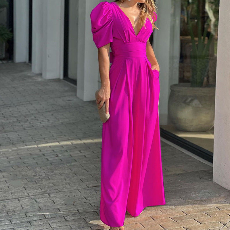 Emma | Women's V-Neck Puff Sleeve Wide-Leg Jumpsuit