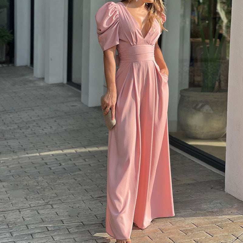 Emma | Women's V-Neck Puff Sleeve Wide-Leg Jumpsuit
