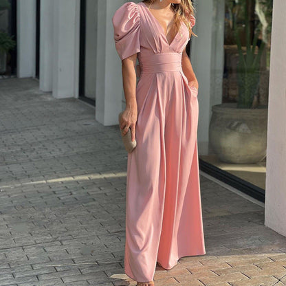 Emma | Women's V-Neck Puff Sleeve Wide-Leg Jumpsuit