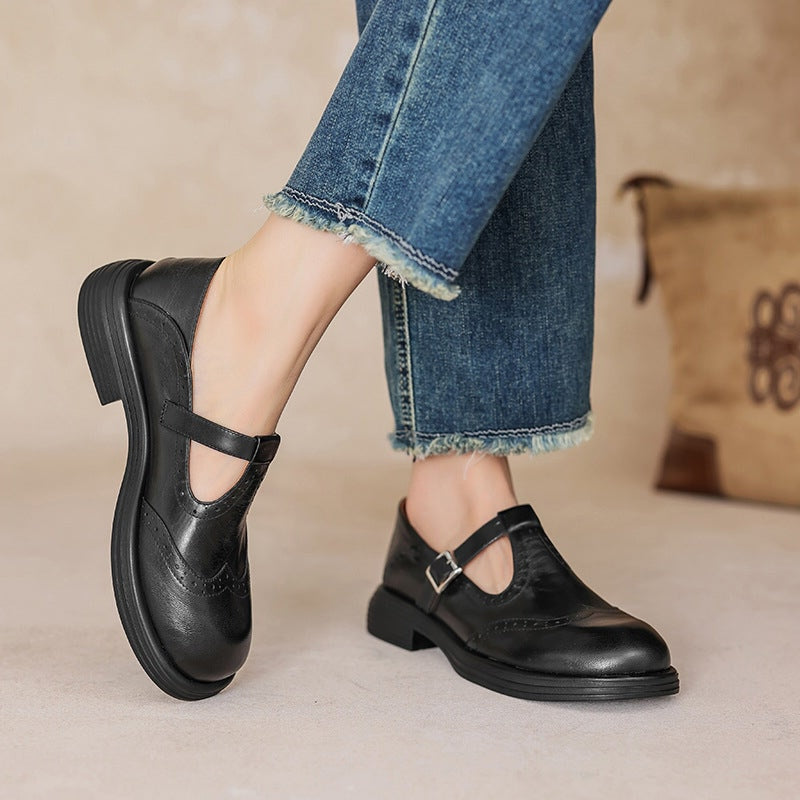 Claudia | Women's Leather T-Strap Mary Jane Shoes Brogue Block Heel