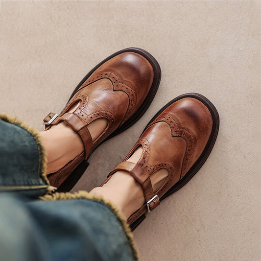 Claudia | Women's Leather T-Strap Mary Jane Shoes Brogue Block Heel