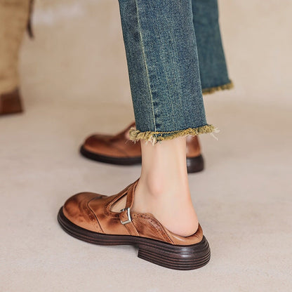 Claudia | Women's Leather T-Strap Mary Jane Shoes Brogue Block Heel