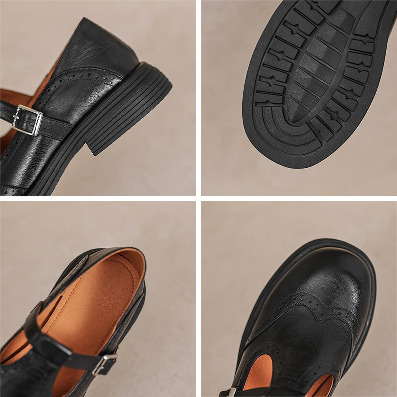 Claudia | Women's Leather T-Strap Mary Jane Shoes Brogue Block Heel