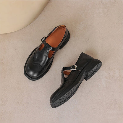 Claudia | Women's Leather T-Strap Mary Jane Shoes Brogue Block Heel