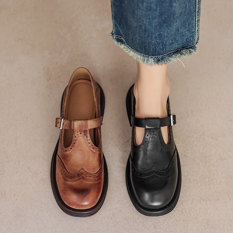 Claudia | Women's Leather T-Strap Mary Jane Shoes Brogue Block Heel