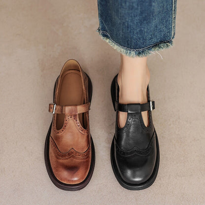 Claudia | Women's Leather T-Strap Mary Jane Shoes Brogue Block Heel