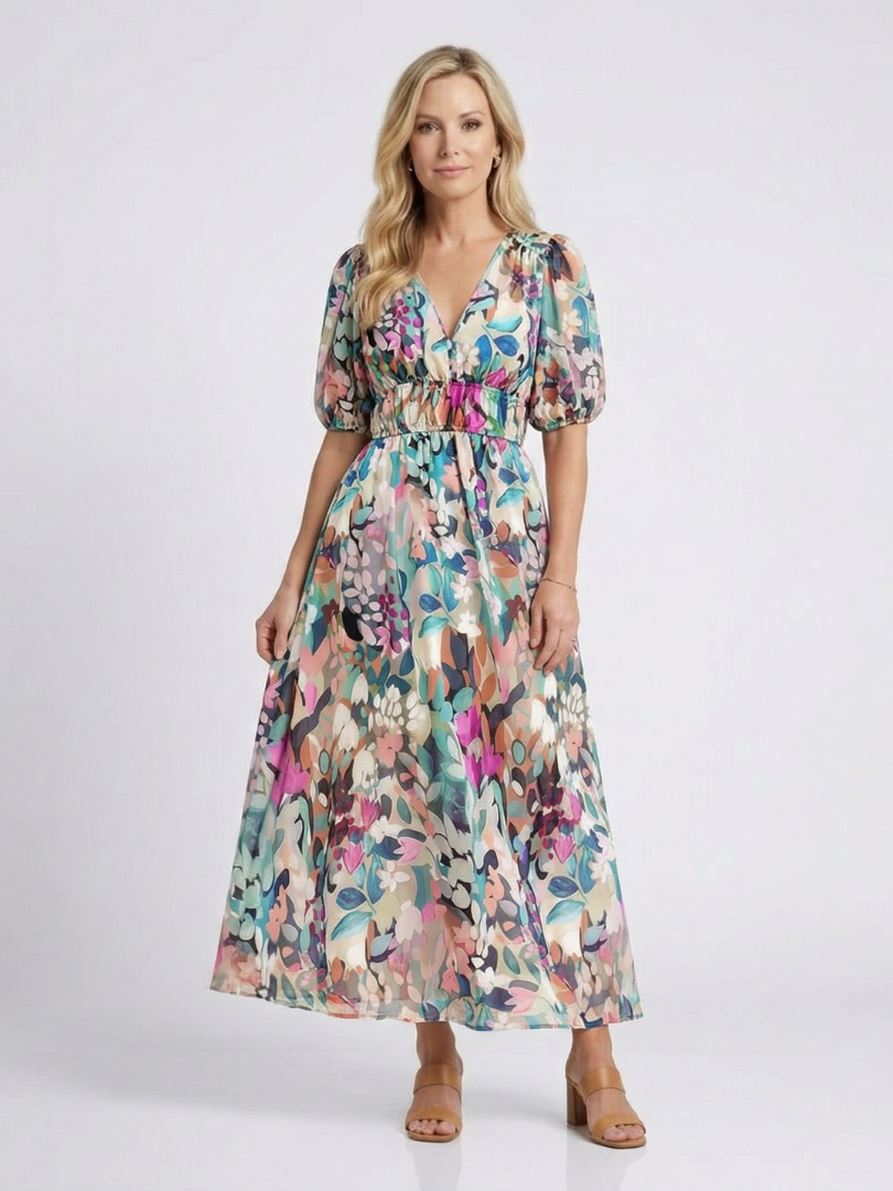 Hazel | Women's Botanical V-Neck Mid-Length Dress