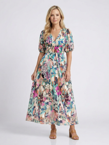 Hazel | Women's Botanical V-Neck Mid-Length Dress