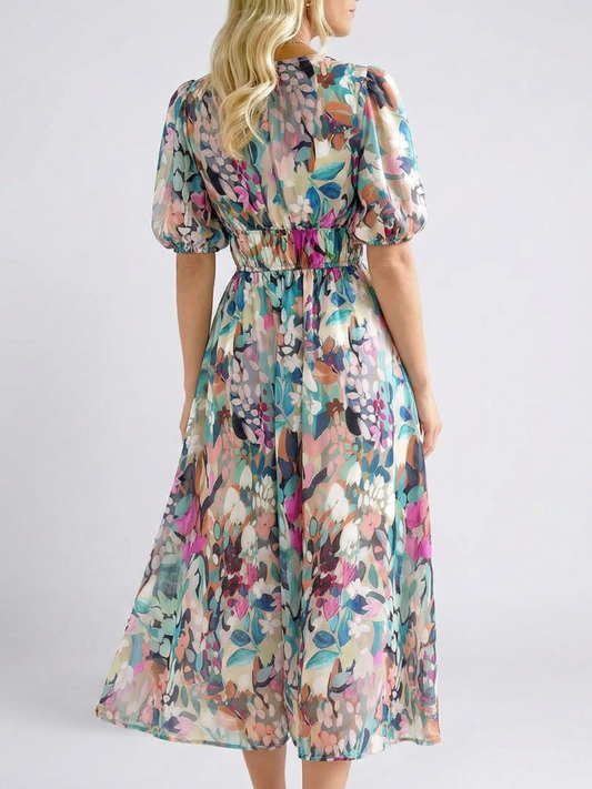 Hazel | Women's Botanical V-Neck Mid-Length Dress