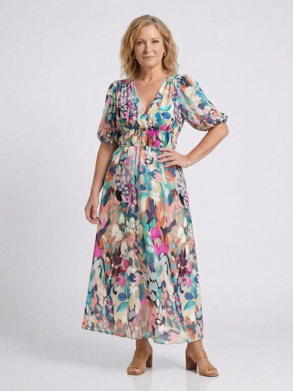 Hazel | Women's Botanical V-Neck Mid-Length Dress