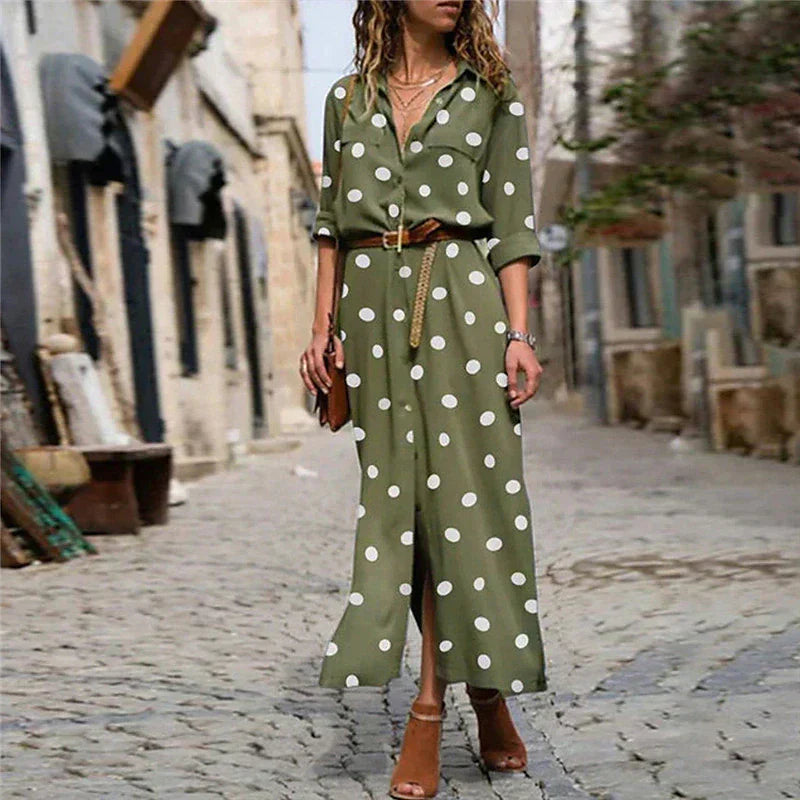 Tiffany | Women's Polka Dot Maxi Dress Full Sleeve Button-Through Button-Up Dress