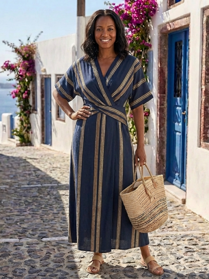 Kristen | Women's V Neck Striped Wrap Maxi Dress