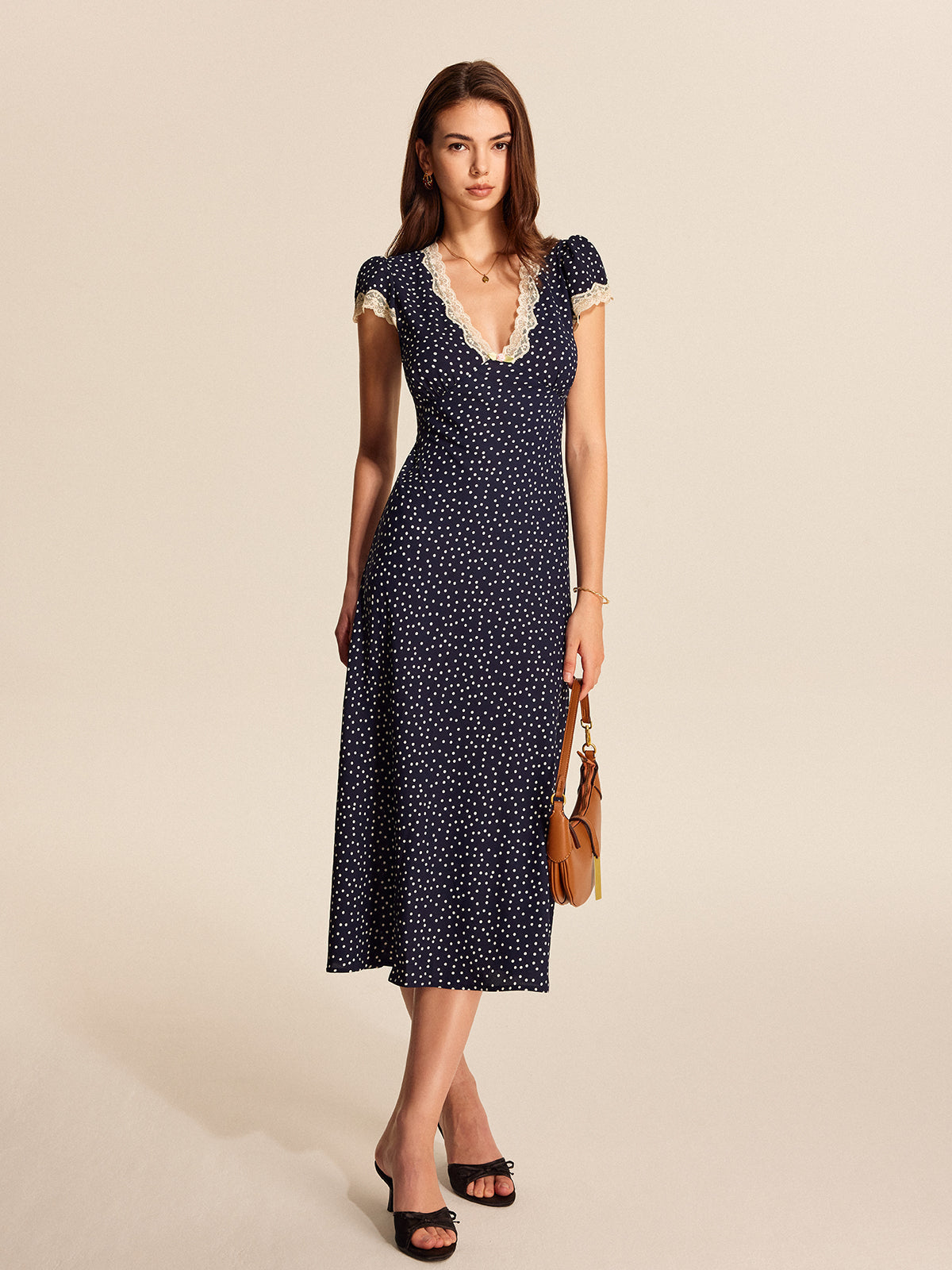 Julia | Women's Polka Dot Lace Trim V-Neck Cap Sleeve Mid-Length Dress