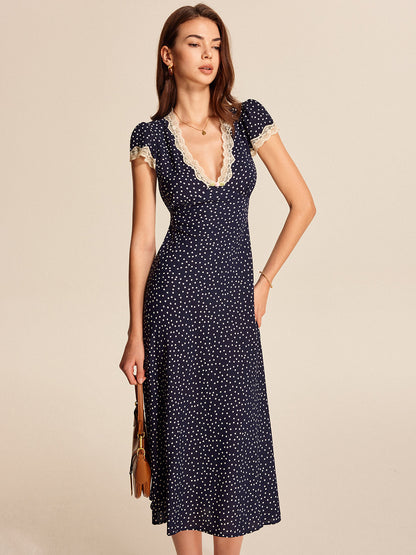 Julia | Women's Polka Dot Lace Trim V-Neck Cap Sleeve Mid-Length Dress