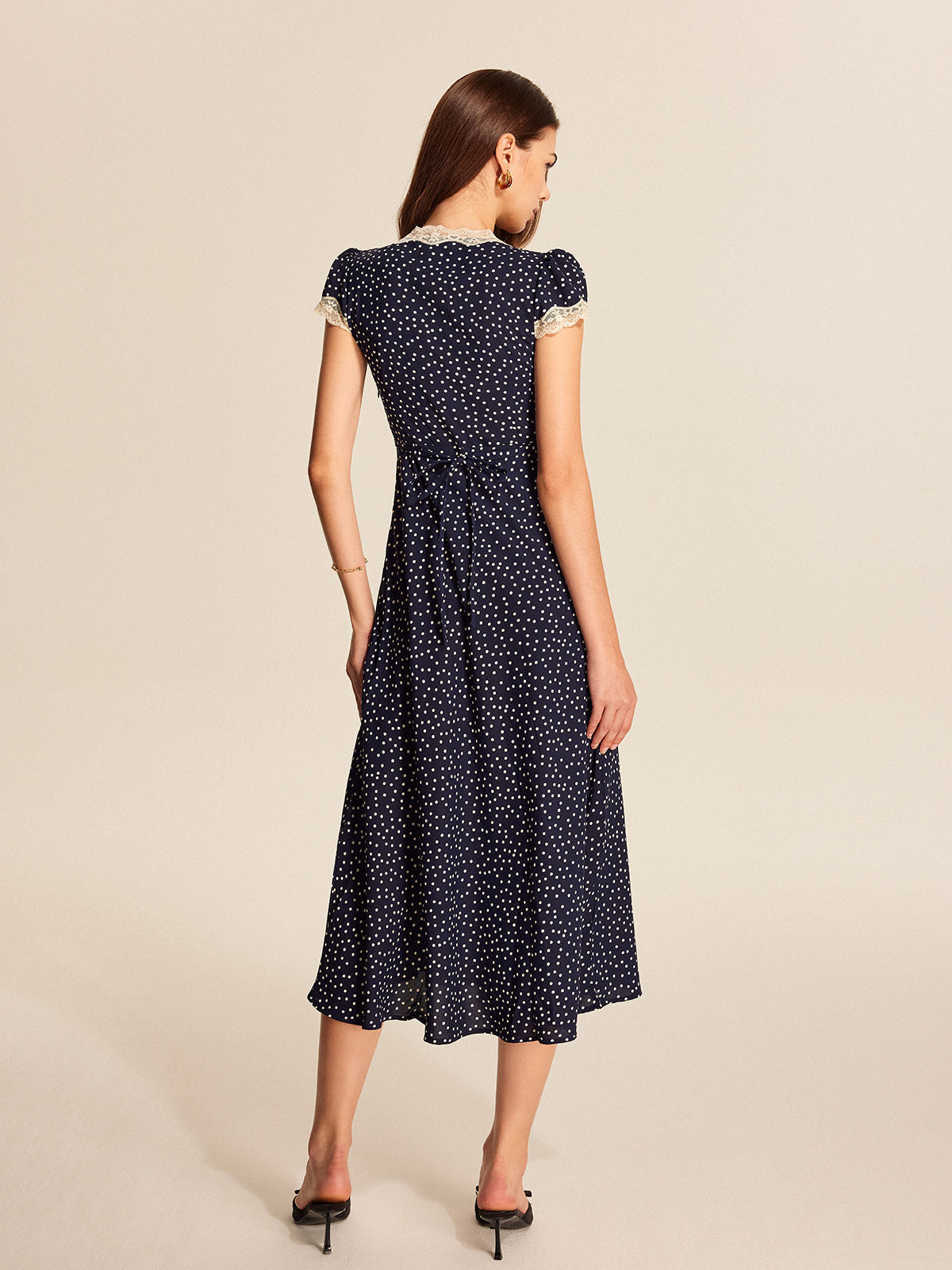 Julia | Women's Polka Dot Lace Trim V-Neck Cap Sleeve Mid-Length Dress