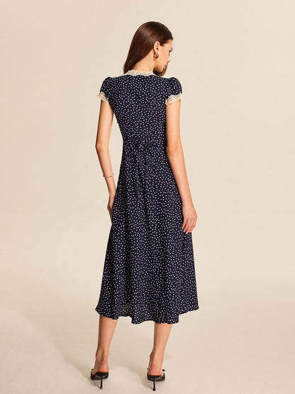 Julia | Women's Polka Dot Lace Trim V-Neck Cap Sleeve Mid-Length Dress