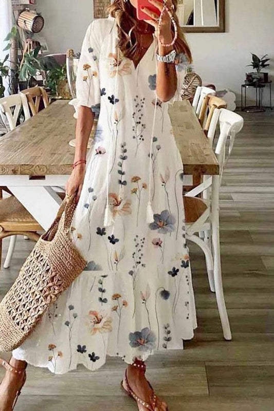Ivy | Women's Floral Print V-Neck Tassel Maxi Dress Bohemian