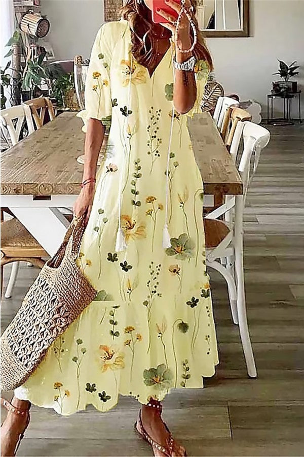 Ivy | Women's Floral Print V-Neck Tassel Maxi Dress Bohemian