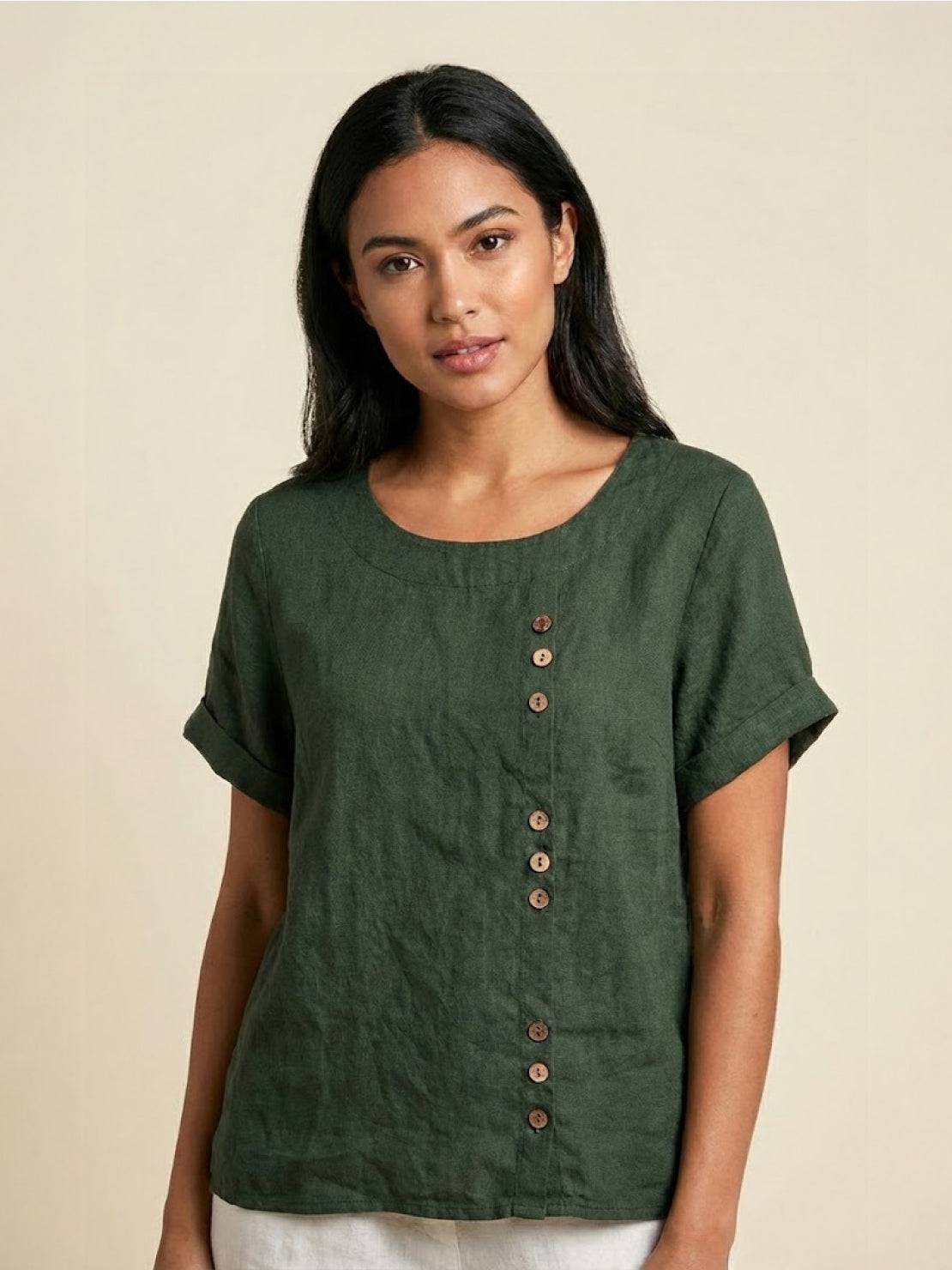 Sierra | Women's Relaxed Scoop Neck Button Detail Short Sleeve Top
