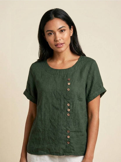 Sierra | Women's Relaxed Scoop Neck Button Detail Short Sleeve Top