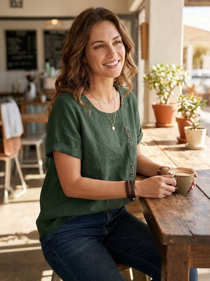 Sierra | Women's Relaxed Scoop Neck Button Detail Short Sleeve Top