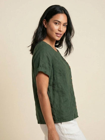 Sierra | Women's Relaxed Scoop Neck Button Detail Short Sleeve Top