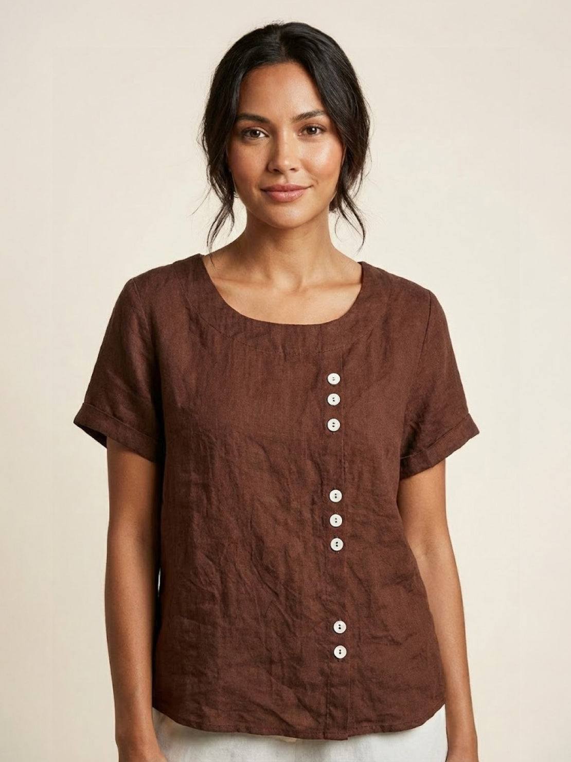 Sierra | Women's Relaxed Scoop Neck Button Detail Short Sleeve Top