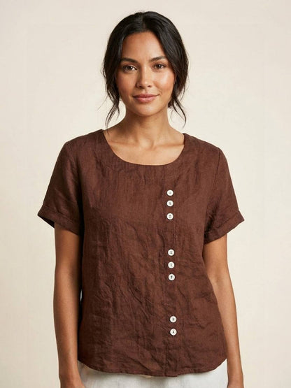 Sierra | Women's Relaxed Scoop Neck Button Detail Short Sleeve Top