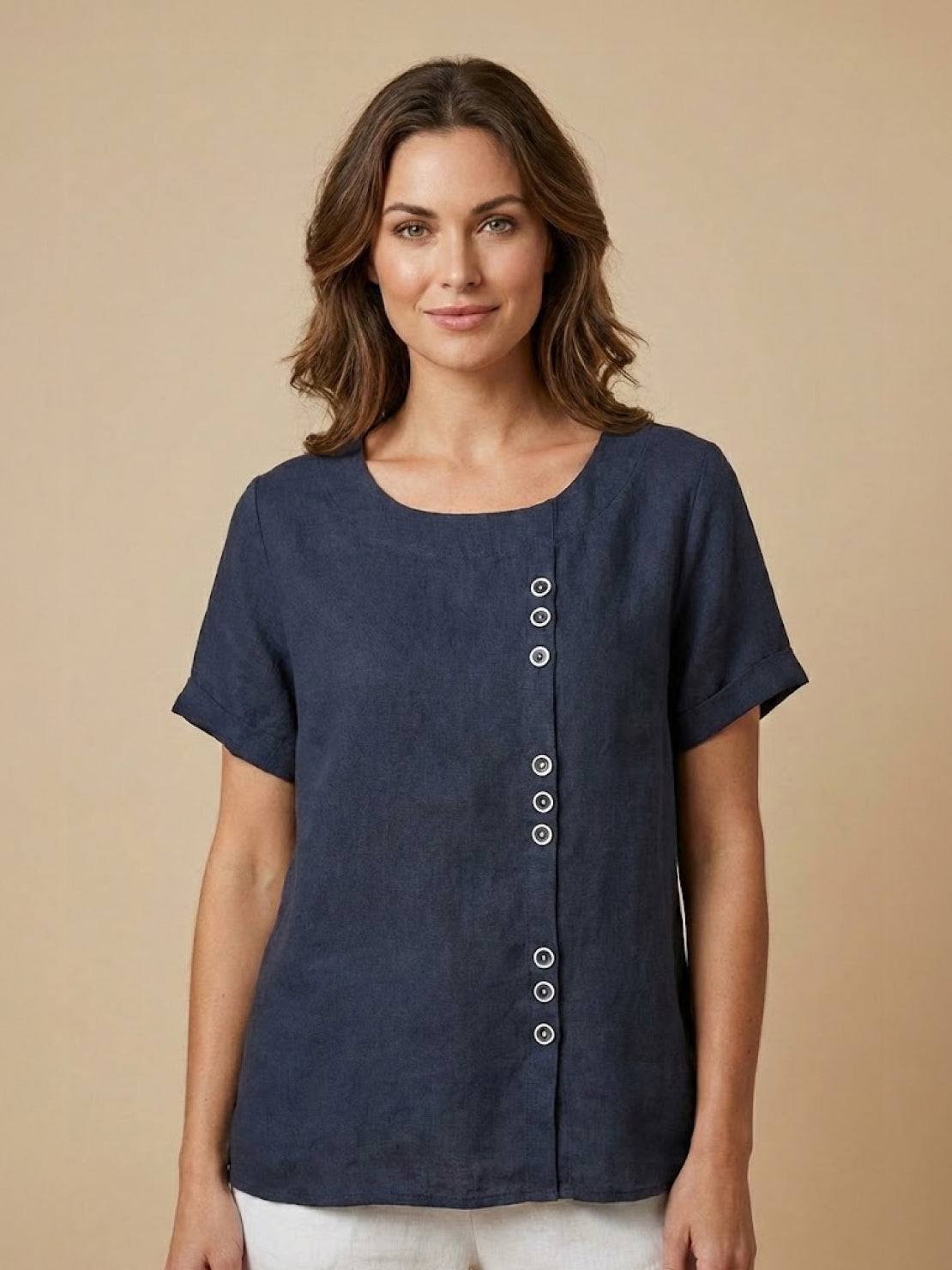 Sierra | Women's Relaxed Scoop Neck Button Detail Short Sleeve Top