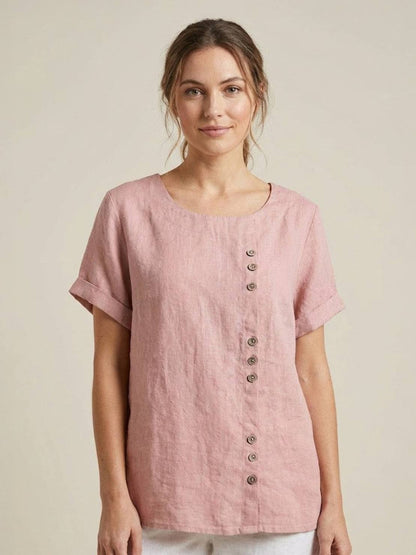 Sierra | Women's Relaxed Scoop Neck Button Detail Short Sleeve Top