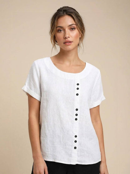 Sierra | Women's Relaxed Scoop Neck Button Detail Short Sleeve Top