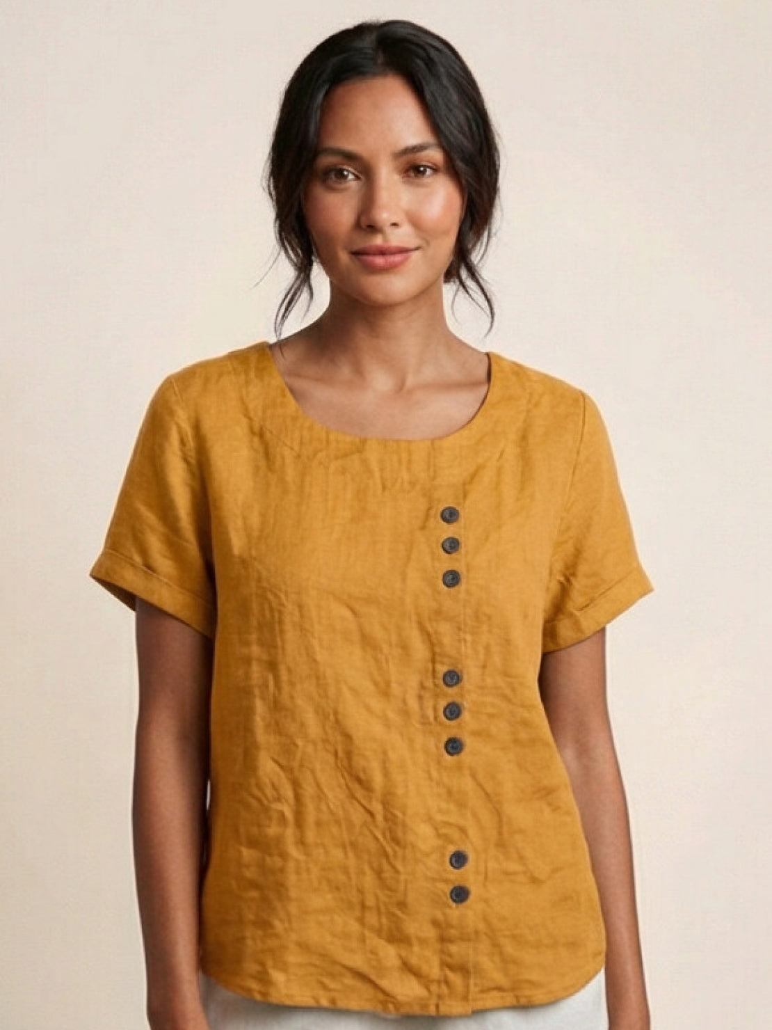 Sierra | Women's Relaxed Scoop Neck Button Detail Short Sleeve Top