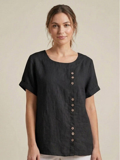 Sierra | Women's Relaxed Scoop Neck Button Detail Short Sleeve Top